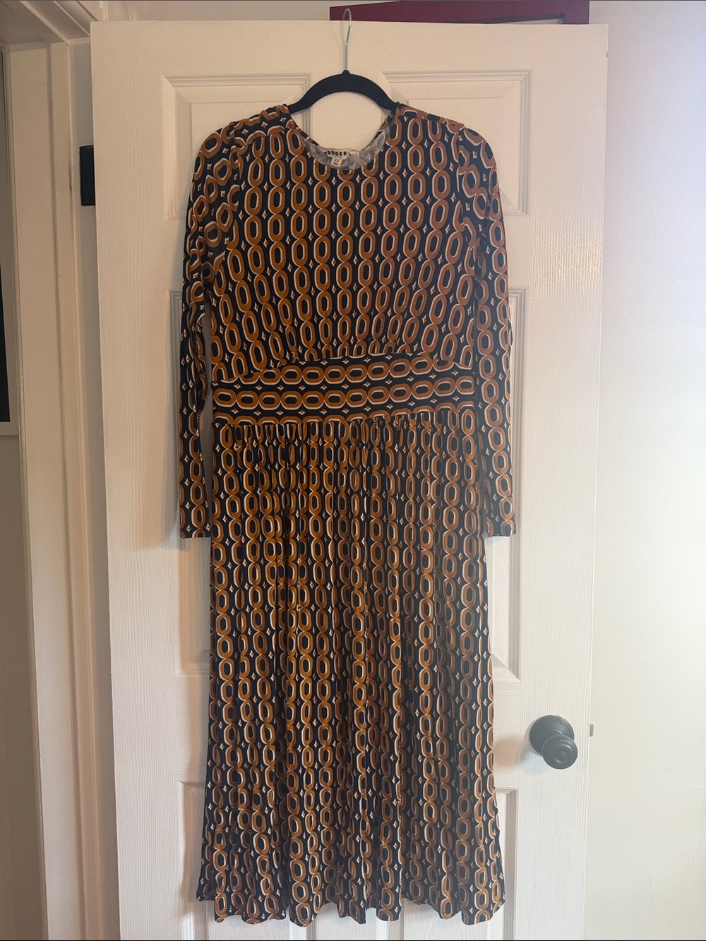Boden Long Sleeve Geometric Midi Dress in Mustard and Navy